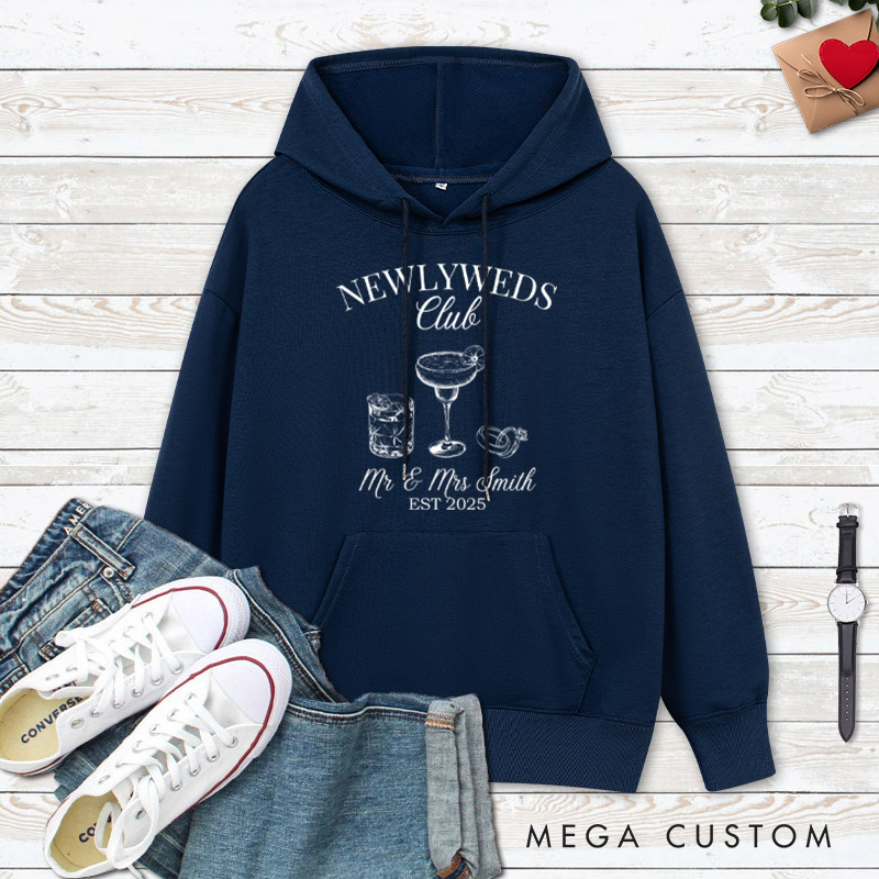 Personalized Rustic Newlyweds Club with Cocktails Mr and Mrs Wedding Couple Hoodie