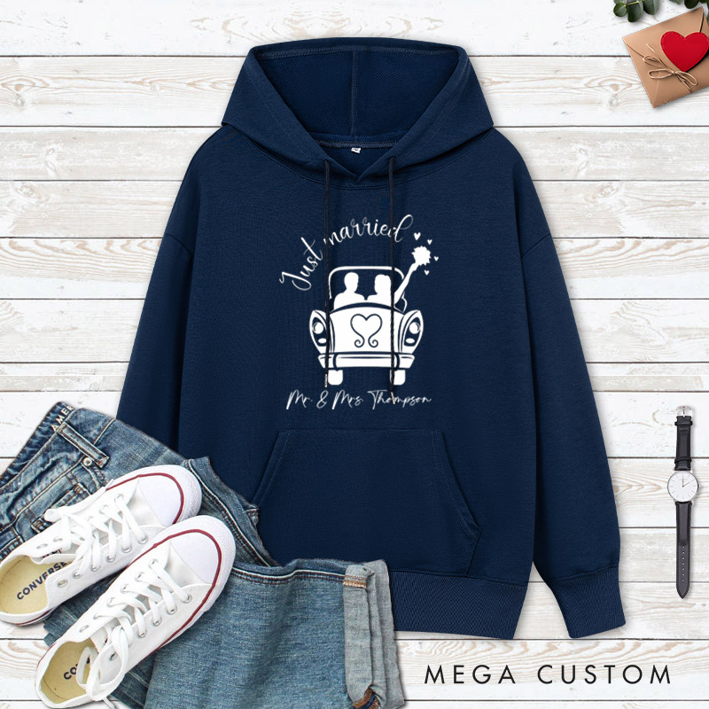 Personalized Romantic Just Married with Wedding Car Wedding Couple Hoodie