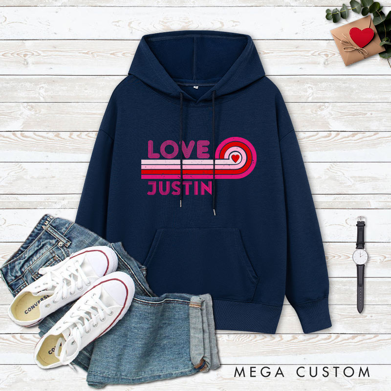 Personalized Couple Retro Love Valentine's Day Hoodie with Name Couple Sweatshirt for Boyfriend Girlfriend Hubby Wifey Husband Wife