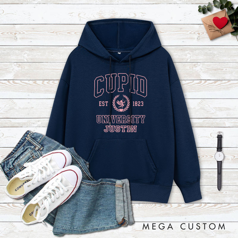 Personalized Couple Cupid University Valentine's Day Hoodie with Name Couple Sweatshirt for Boyfriend Girlfriend Hubby Wifey Husband Wife