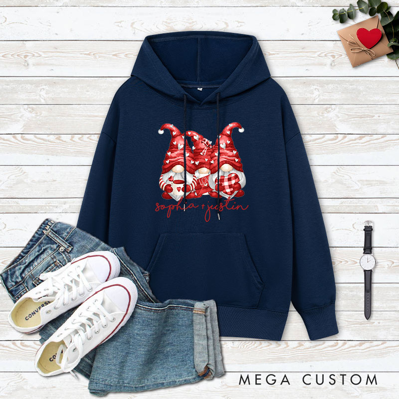 Personalized Couple Three Heart Gnome Valentine's Day Hoodie with Name Couple Sweatshirt for Boyfriend Girlfriend Husband Wife Hubby Wifey