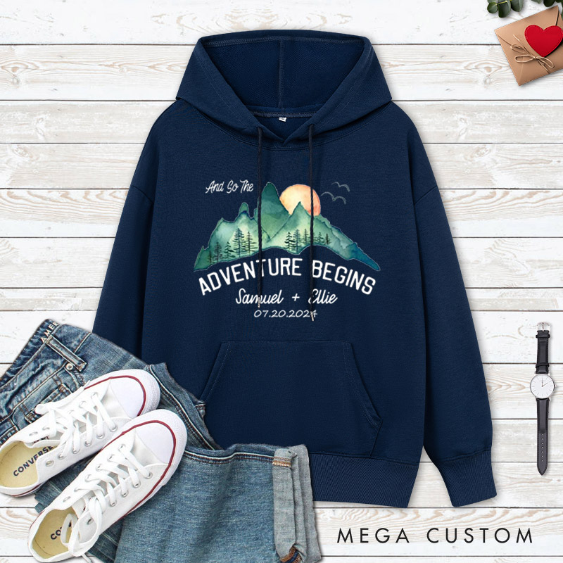 Personalized Scenic And So The Adventure Begins Newlyweds Wedding Couple Hoodie