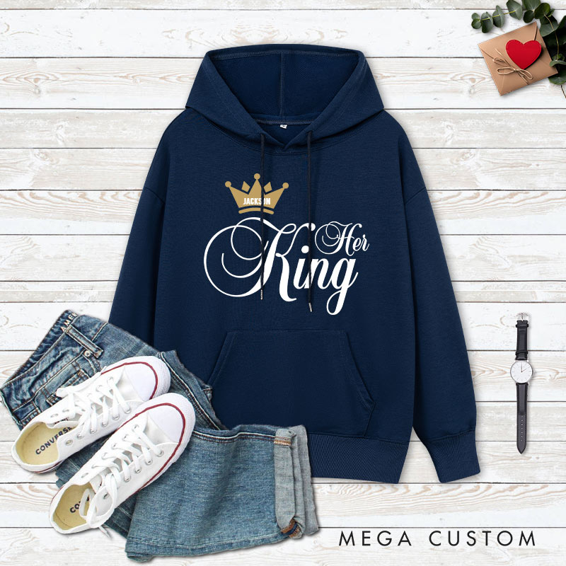 Personalized Couple Her King and His Queen Valentine's Day Hoodie with Name Couple Sweatshirt for Boyfriend Girlfriend Husband Wife