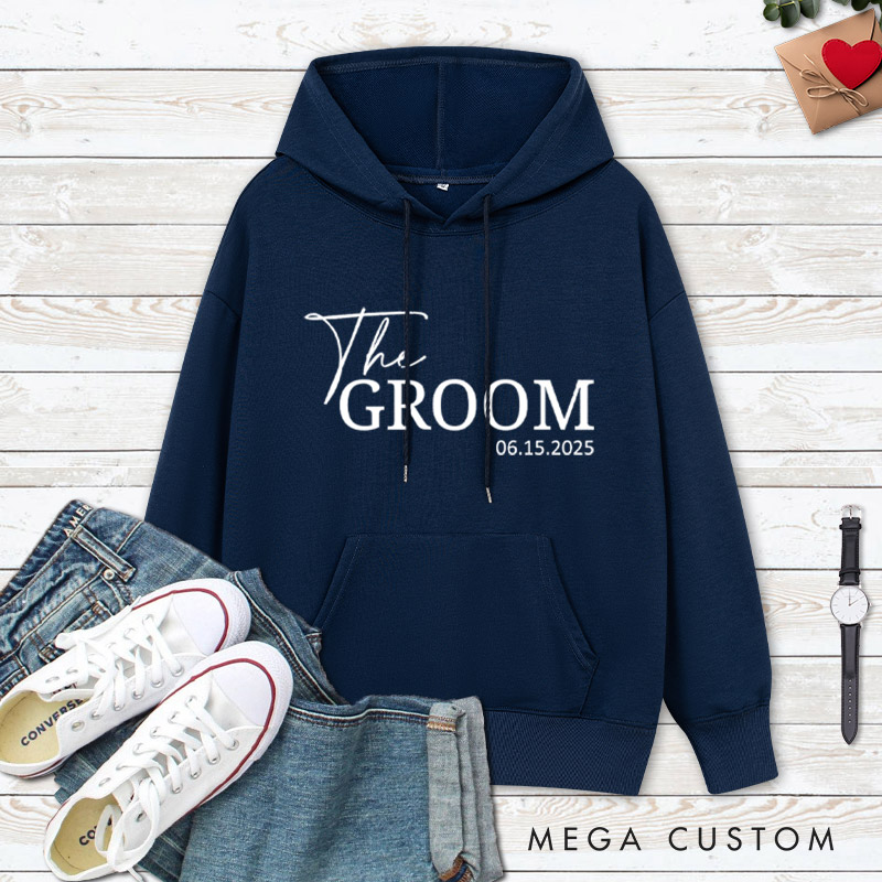 Personalized Minimalist The Bride and The Groom with Date Matching Wedding Couple Hoodie