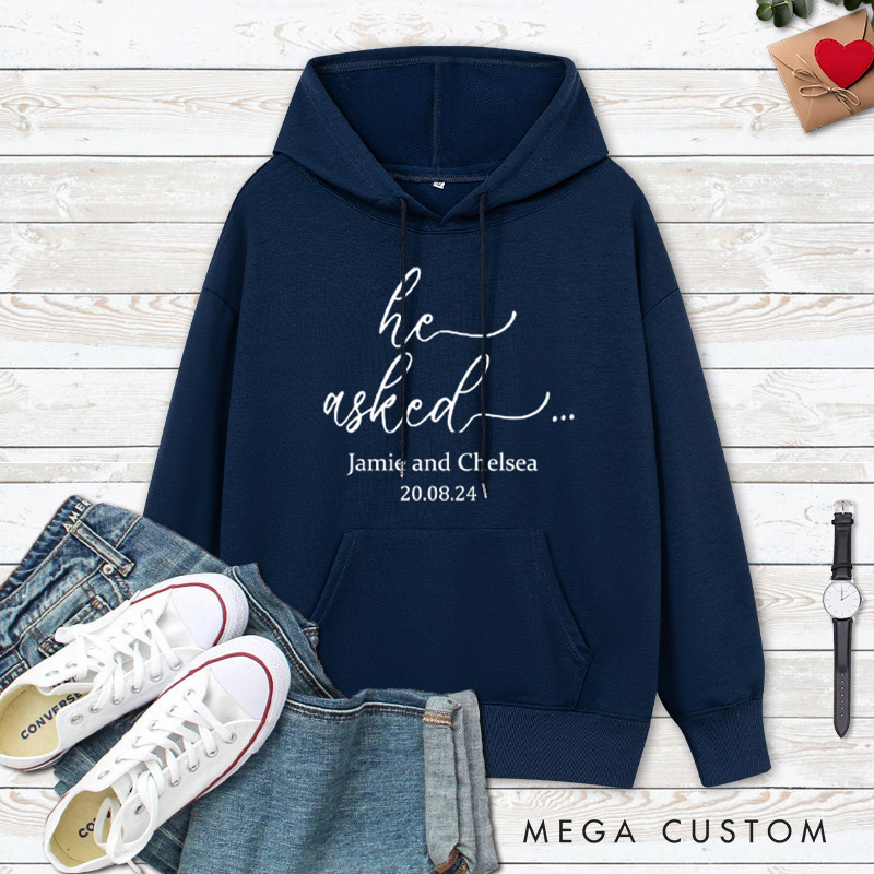 Personalized He Asked and She Said Yes Engagement Couple Hoodie