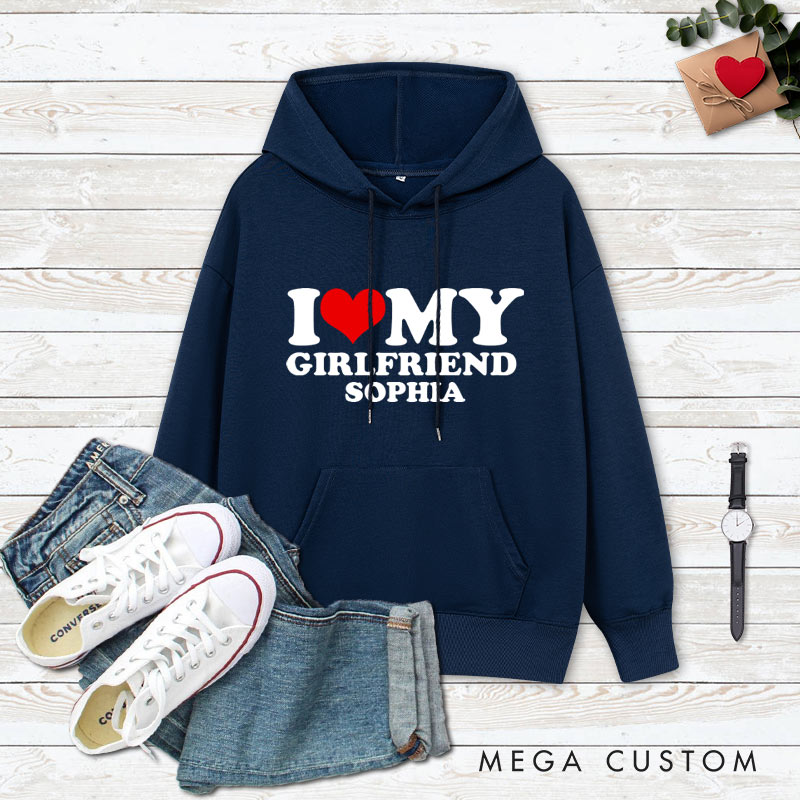 Personalized Couple I Love My Girlfriend Valentine's Day Hoodie with Name Couple I Love My Boyfriend Sweatshirt for Boyfriend Girlfriend Husband Wife
