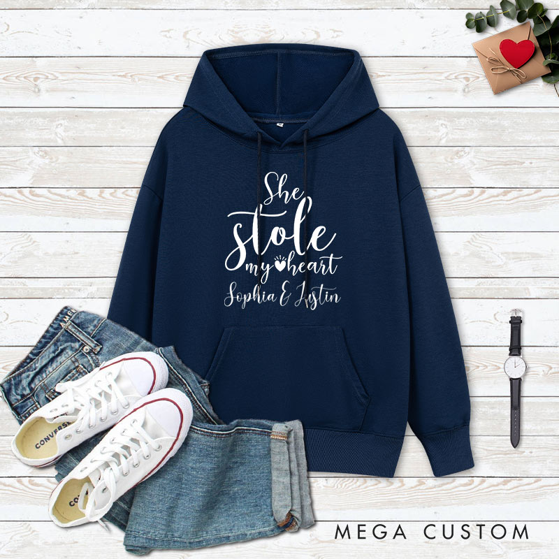 Personalized Couple She Stole My Heart and I'm Keeping It Valentine's Day Hoodie with Name Couple Sweatshirt for Boyfriend Girlfriend Husband Wife