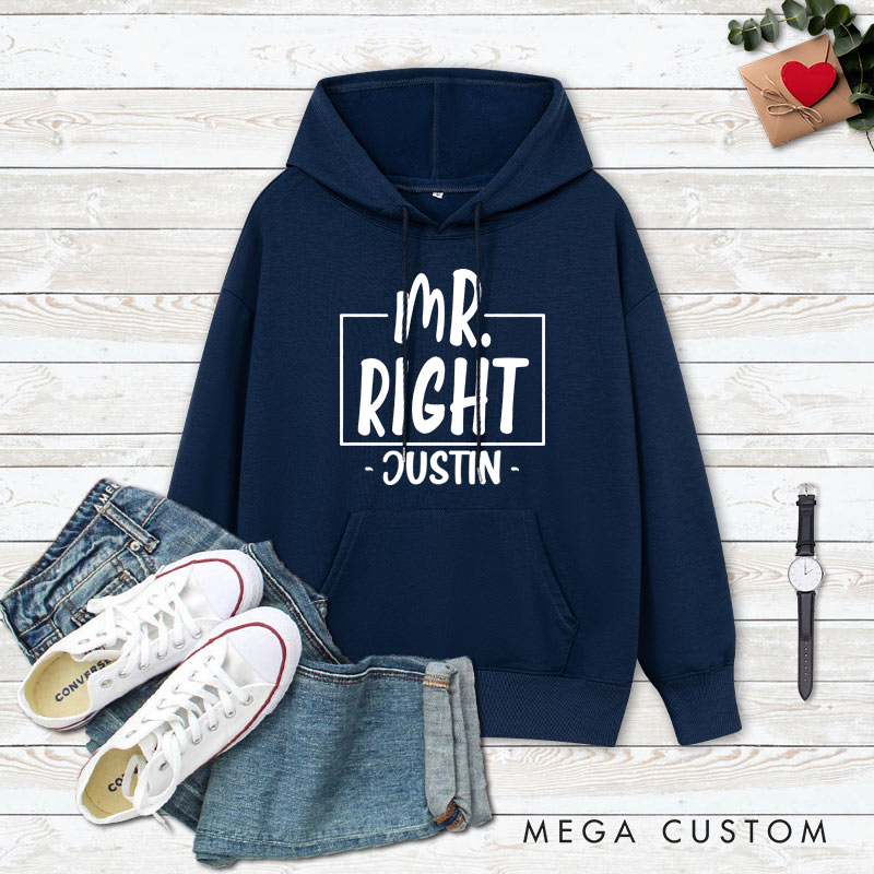Personalized Couple Mr. Right and Mrs. Always Right Valentine's Day Hoodie with Name Couple Sweatshirt for Boyfriend Girlfriend Husband Wife