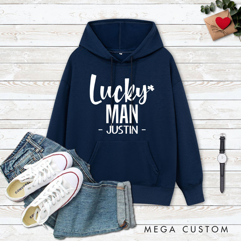Personalized Couple Lucky Man and Lucky Woman Valentine's Day Hoodie with Name Couple Sweatshirt for Boyfriend Girlfriend Husband Wife