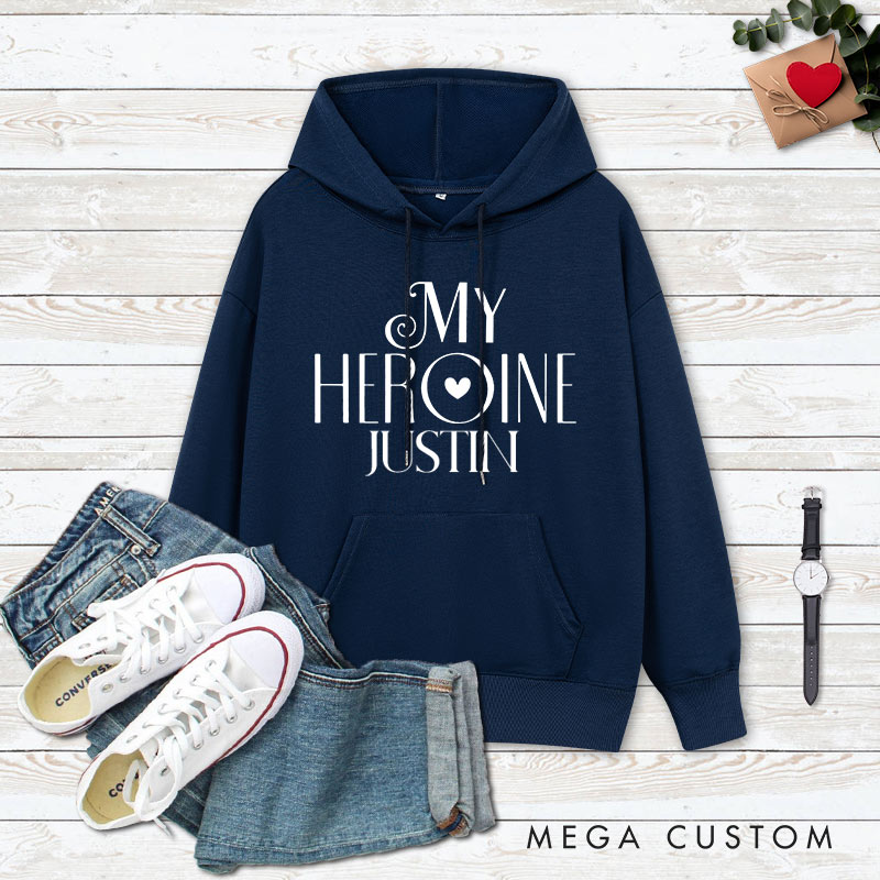Personalized Couple My Hero and My Heroine Valentine's Day Hoodie with Name Couple Sweatshirt for Boyfriend Girlfriend Husband Wife