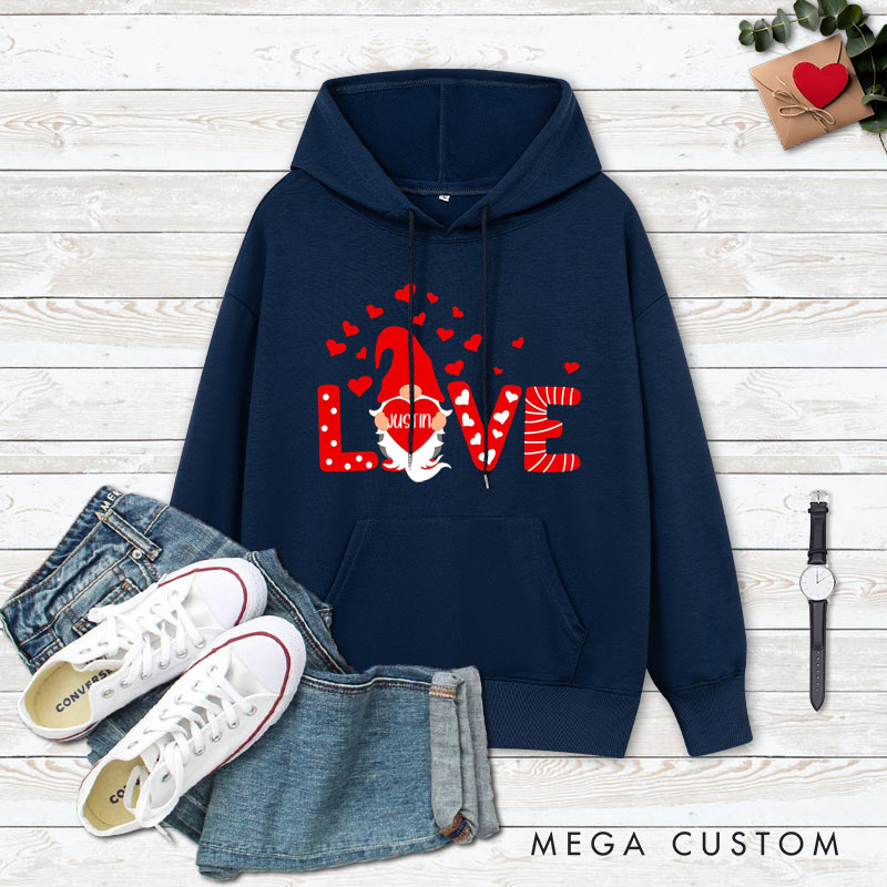 Personalized Couple Red Gnome with Heart Valentine's Day Hoodie with Name Couple Sweatshirt for Boyfriend Girlfriend Husband Wife