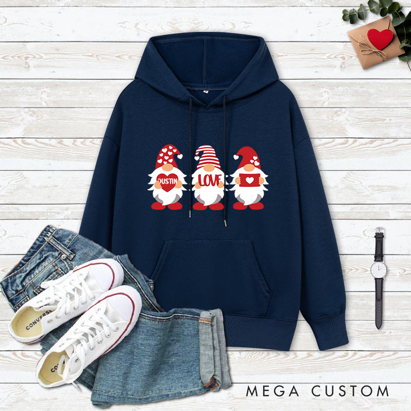 Personalized Red Gnome Couple Holding Hearts Hoodie Couple Valentine's Day Sweatshirt for Boyfriend Girlfriend Husband Wife