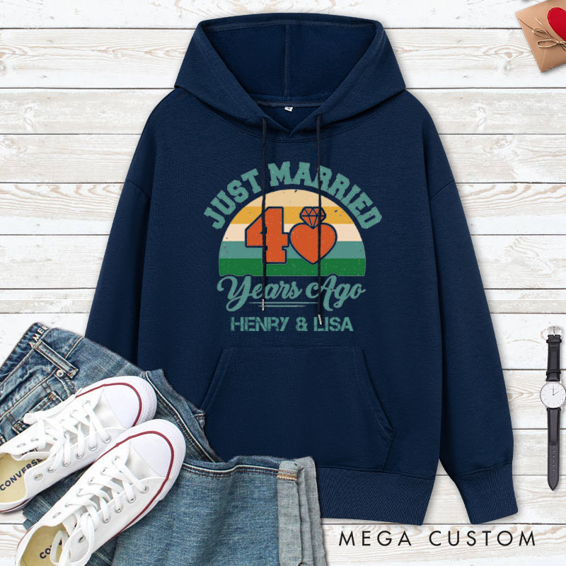 Personalized Just Married 40 Years Ago Retro Hoodie Couple Wedding Anniversary Outfit for Her Him Anniversary Hoodie for Wife Husband