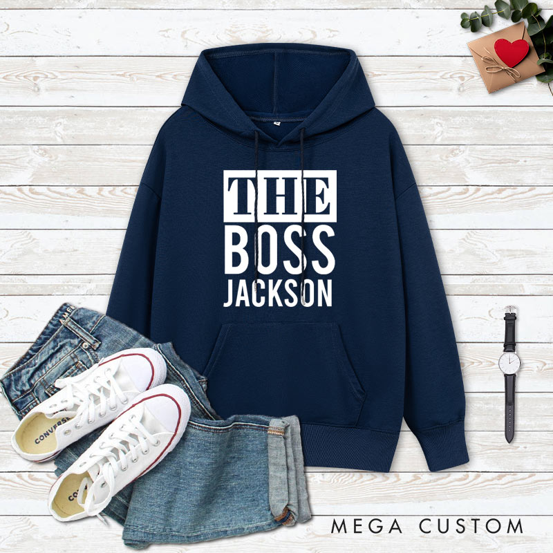 Personalized Couple Minimalist The Boss and The Real Boss Hoodie with Name Couple Valentine's Day Sweatshirt for Boyfriend Girlfriend Husband Wife