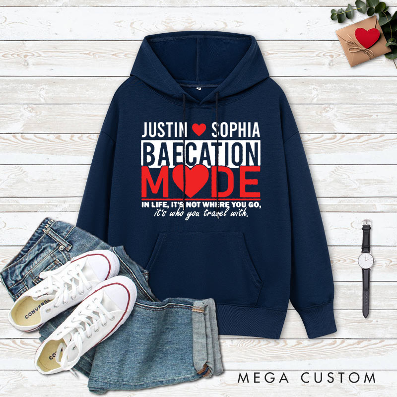 Personalized Couple Baecation Mode with Heart Hoodie Couple Valentine's Day Sweatshirt for Boyfriend Girlfriend Husband Wife