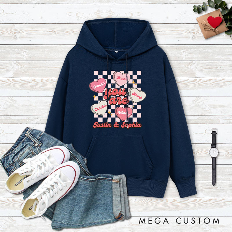 Personalized Couple Checkerboard Sweet Candy Heart Hoodie Couple You Are Mine Valentine's Day Sweatshirt for Boyfriend Girlfriend Husband Wife