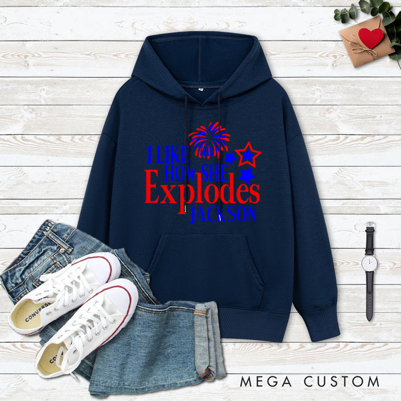 Personalized Couple I Like How She Explodes Hoodie Couple I Like How He Bangs Independence Day Sweatshirt for Boyfriend Girlfriend Husband Wife