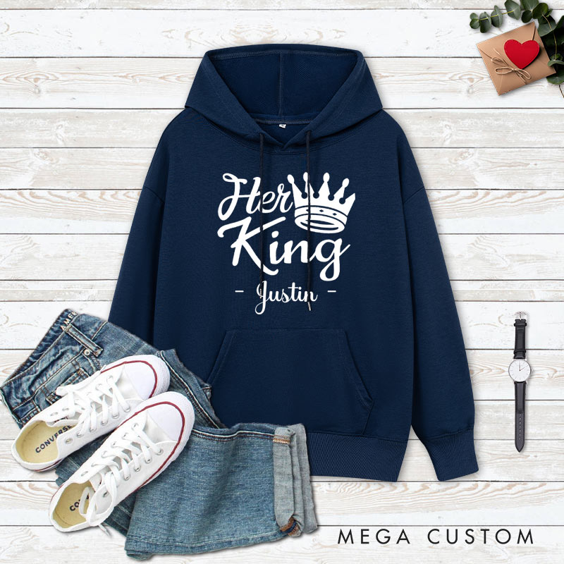 Personalized Couple Her King and His Queen with Crown Hoodie Couple Valentine's Day Sweatshirt for Boyfriend Girlfriend Husband Wife