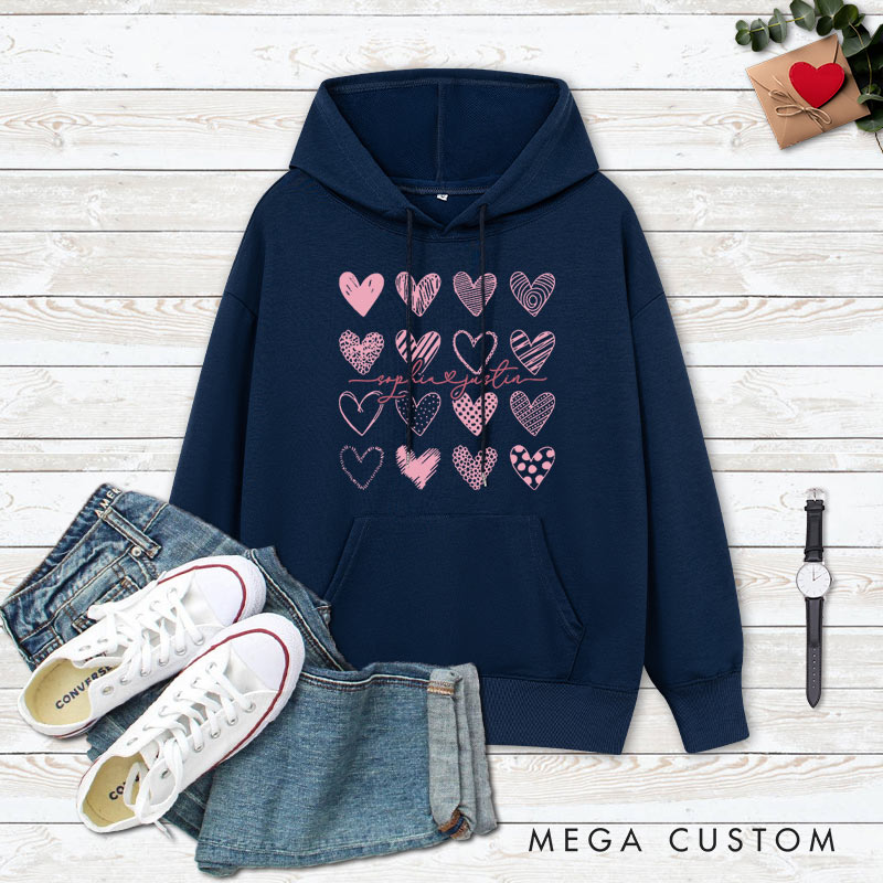Personalized Couple 16 Pink Hearts Hoodie with Name Couple Valentine's Day Sweatshirt for Boyfriend Girlfriend Husband Wife