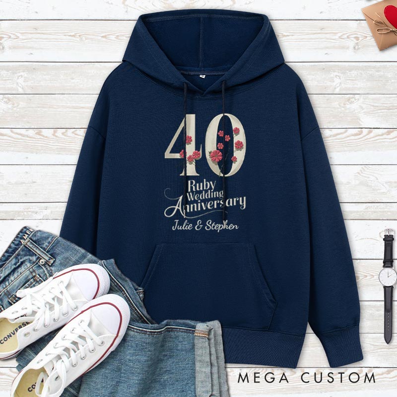 Personalized 40 Ruby Wedding Anniversary Floral Hoodie Husband Wife 40th Anniversary Outfit for Her Him Couple Ruby Wedding Anniversary Hoodie