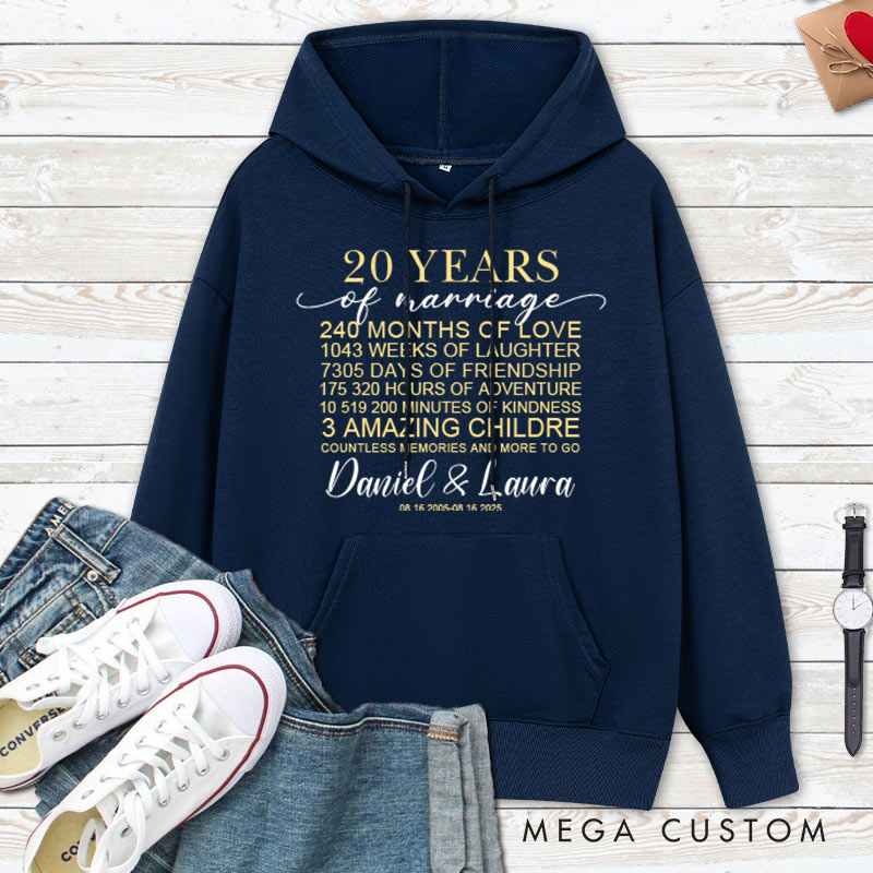 Personalized 20 Years of Marriage Milestone Hoodie 20th Anniversary Outfit for Husband Wife Couple Anniversary Marriage Milestone Hoodie