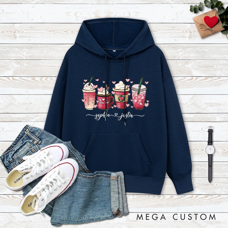Personalized Couple Pink Heart Coffee Hoodie with Name Couple Valentine's Day Sweatshirt for Husband Wife Boyfriend Girlfriend