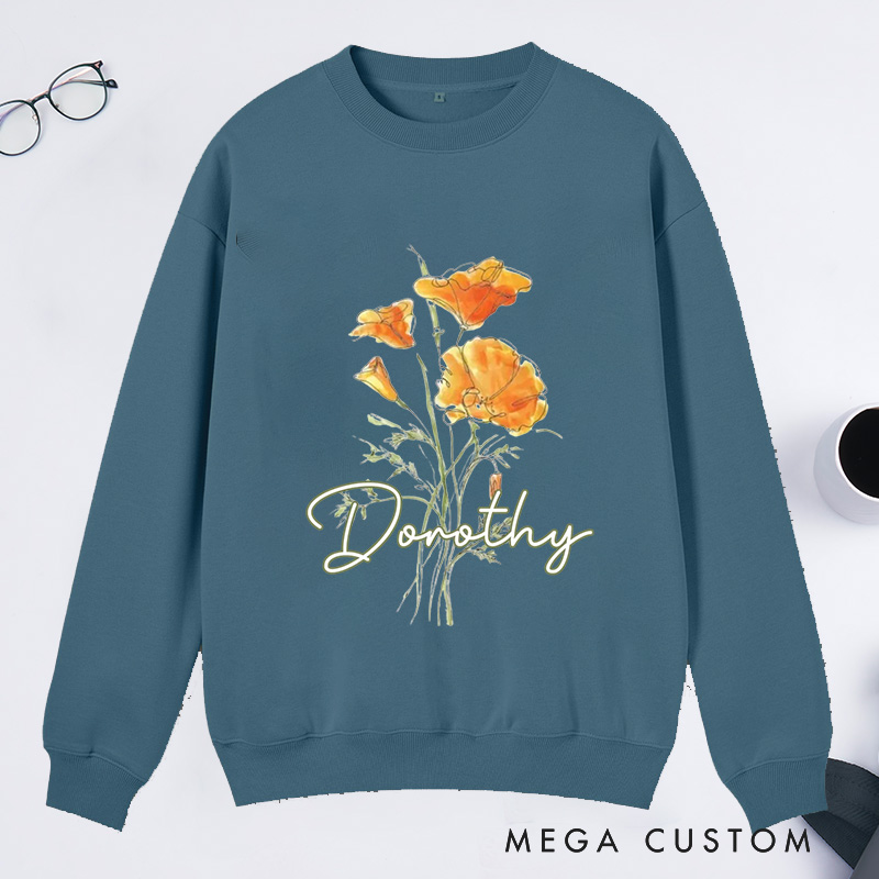 Personalized Golden Poppy Classic Sweatshirts Wildflower Sweatshirt with Name Botanical Sweatshirt Plant Lover Gift Gardening Gift for Gardener