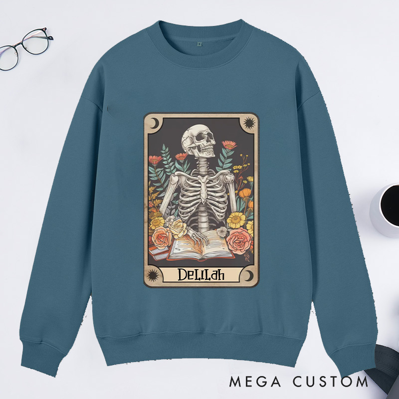 Personalized The Reader Tarot Card Classic Sweatshirts Skeleton Reading Sweatshirt with Name Book Lover Gift Librarian Gift