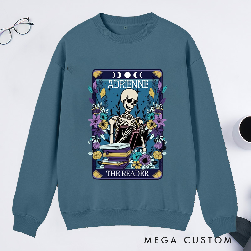Personalized The Reader Classic Sweatshirts Skeleton Tarot Sweatshirt Bookish Sweatshirt with Name for Book Lover Gift Librarian Gift