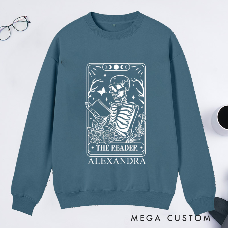 Personalized The Reader Tarot Card Classic Sweatshirts Skeleton Sweatshirt Bookish Sweatshirt with Name Book Lover Gift Librarian Gift Reader Gift
