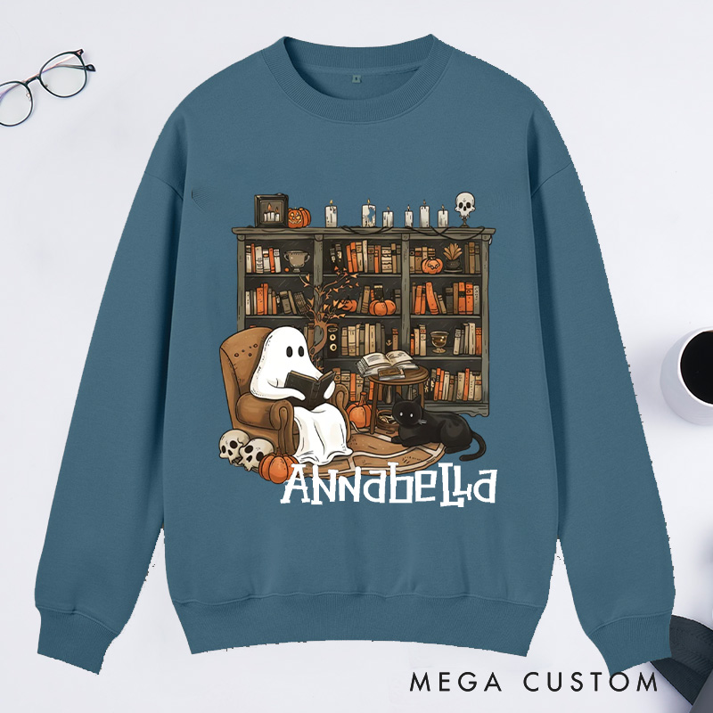 Personalized Retro Ghost Reading Books Classic Sweatshirts Book Lover Sweatshirt Halloween Sweatshirt Reading Gift Librarian Gift Book Lover Gift