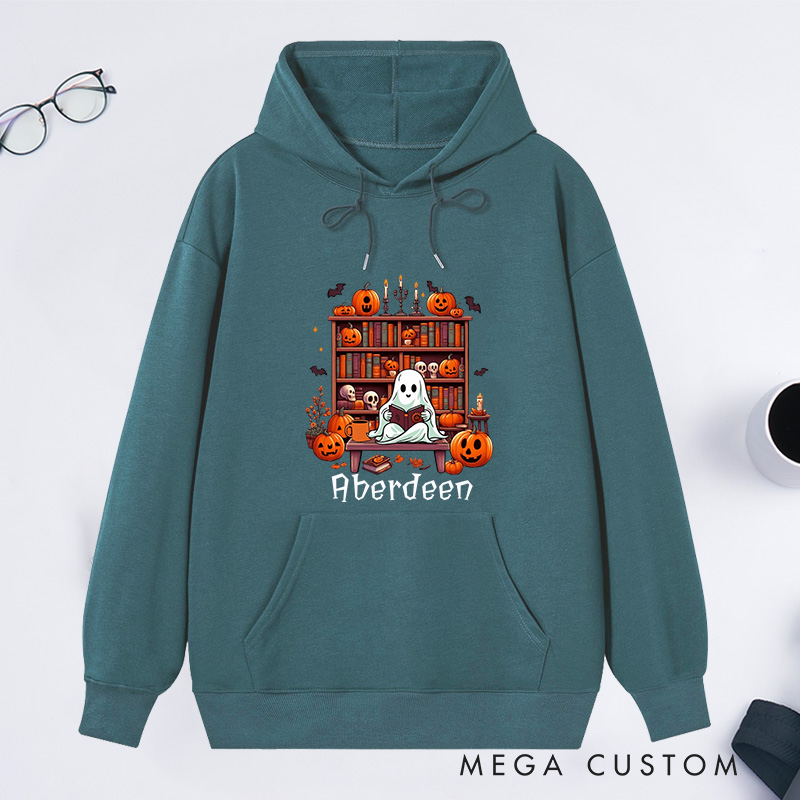 Personalized Ghost Book Reader Classic Hoodies Custom Book Lover Hoodies with Name Reading Hoodies Halloween Hoodies Librarian Gift Reader Gift