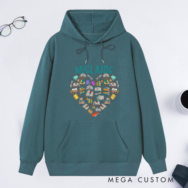 Personalized Books Heart Classic Hoodies Custom Book Lover Hoodies with Name Reading Hoodies Librarian Gift Book Lover Gift for Reader