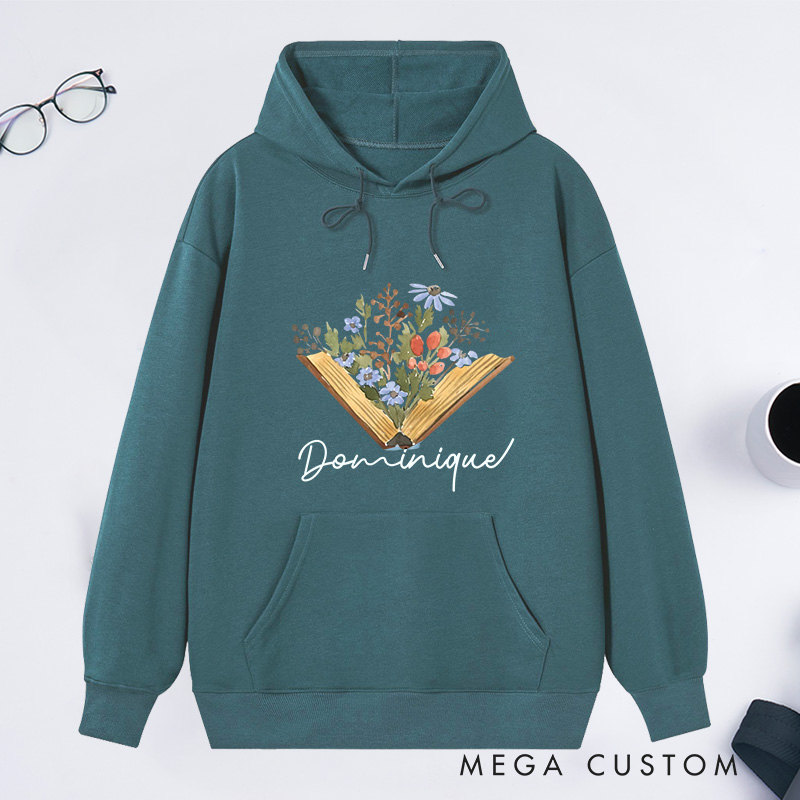 Personalized Flower Book Classic Hoodies Bookish Wildflower Hoodies Custom Book Lover Hoodies with Name Librarian Gift Reading Gift for Reader