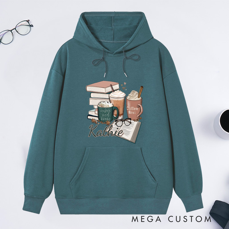 Personalized Coffee and Books Classic Hoodies Custom Book Lover Hoodies with Name Librarian Gift Book Lover Gift for Reader Gift