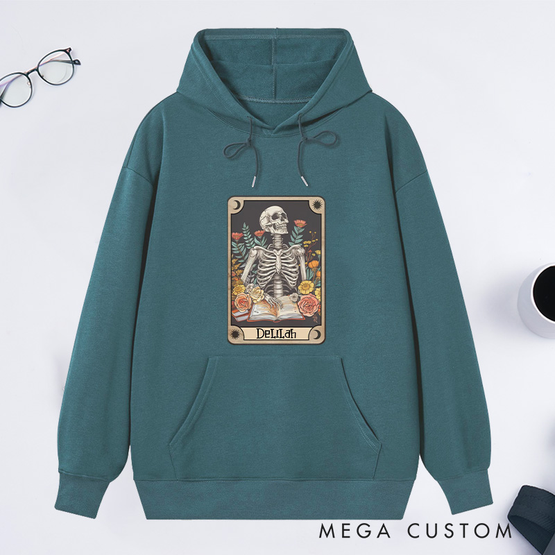 Personalized The Reader Tarot Card Classic Hoodies Skeleton Reading Hoodies Custom Bookish Hoodies with Name Librarian Gift Book Lover Gift