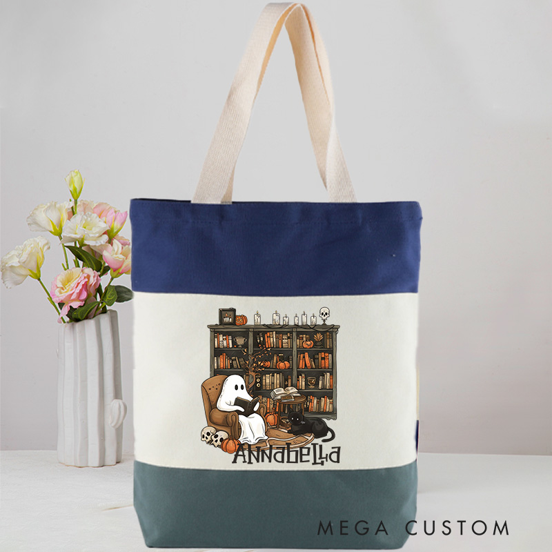 Personalized Retro Ghost Reading Books Tote Bag Book Lover Bag with Name Halloween Tote Bag Halloween Gift Librarian Gift Reader Gift