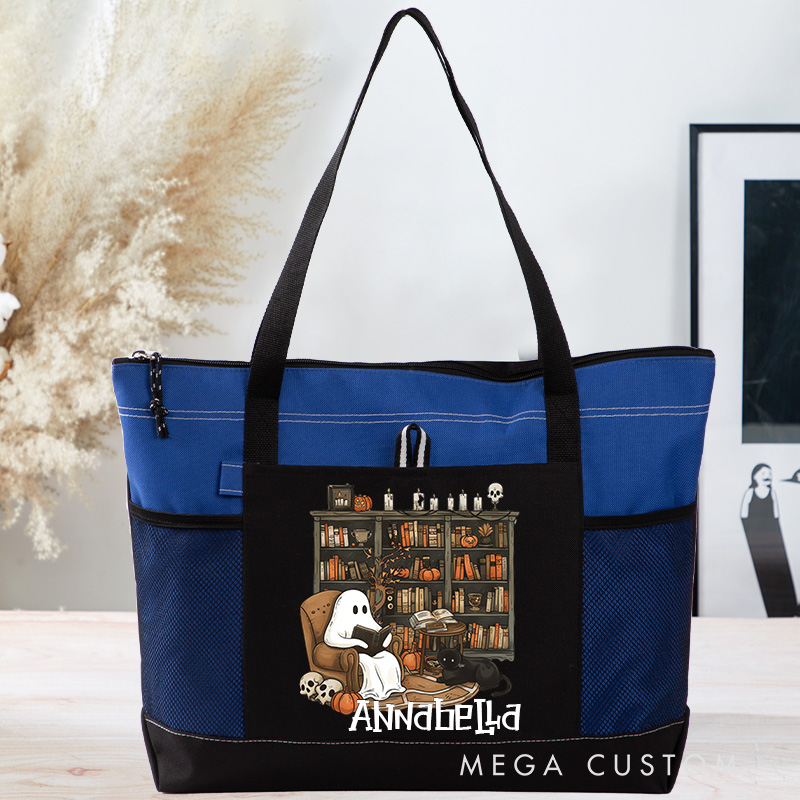 Personalized Retro Ghost Reading Books Tote Bag Book Lover Bag with Name Halloween Bag Halloween Gift Librarian Gift Book Lover Gift