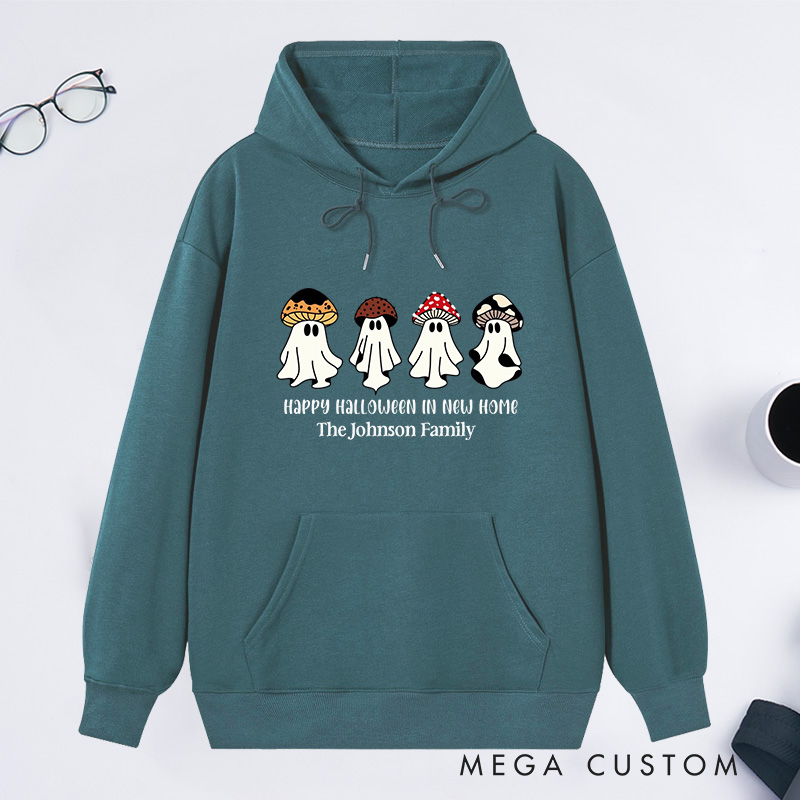 Personalized Hoodie Happy Halloween in New Home Design Custom Family Name Comfortable Sweatshirt for Housewarming Holiday Gift Halloween Theme