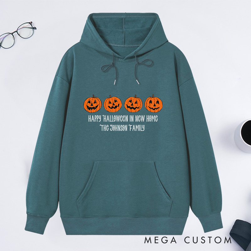 Personalized Hoodie Happy Halloween in New Home Design Custom Family Name Pumpkin Theme Comfortable Sweatshirt for Housewarming Halloween Gift