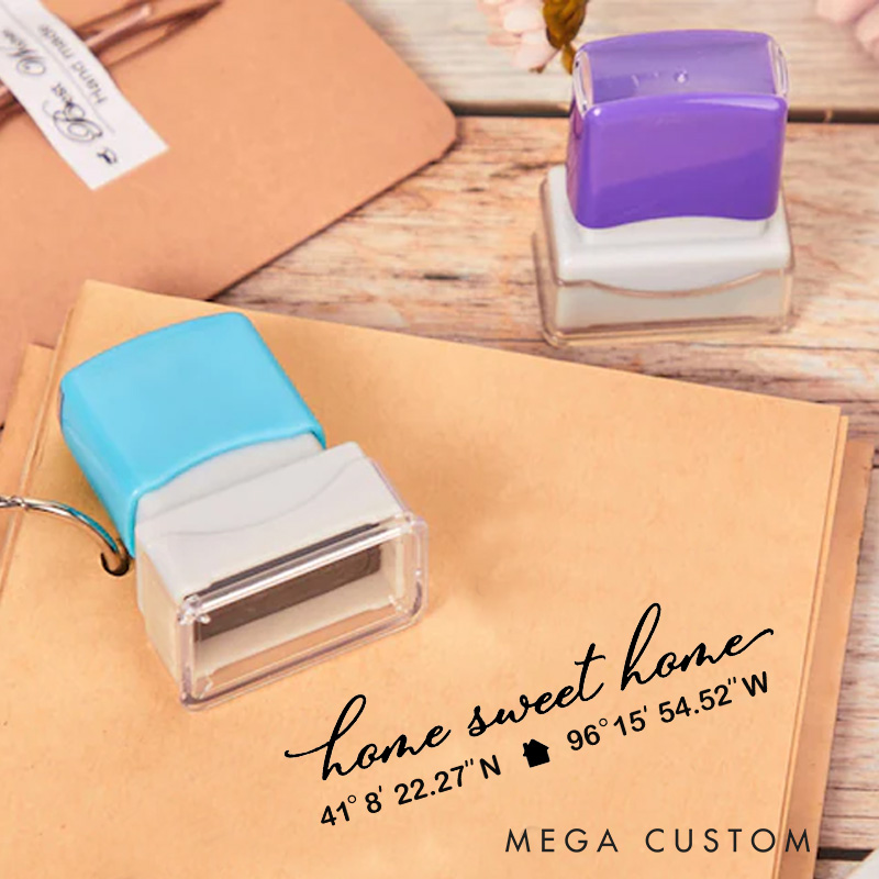 Personalized Housewarming Seal Home Sweet Home Design Custom Coordinates and Address Theme Decorative Stamp for New Homeowners
