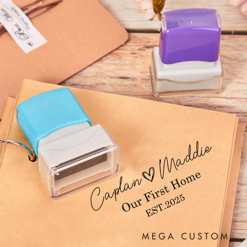 Personalized Housewarming Stamp Our First Home Design Custom Names Heart Motif and Established Year Decorative Stamp for New Homeowners Crafting