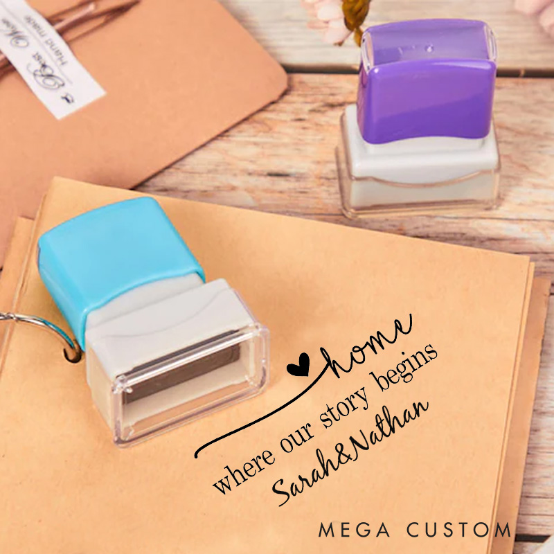 Personalized Housewarming Stamp Home Where Our Story Begins Custom Names and Heart Motif Decorative Stamp for New Homeowners Crafting and Keepsakes