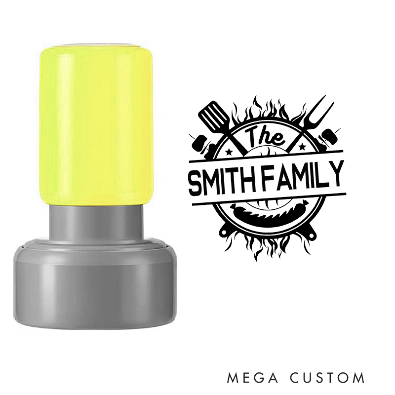 Personalized Round Barbecue Stamp Custom Family Name Grill Design Decorative Stamp with BBQ Tools and Flame Theme for Housewarming Gifts and Keepsakes