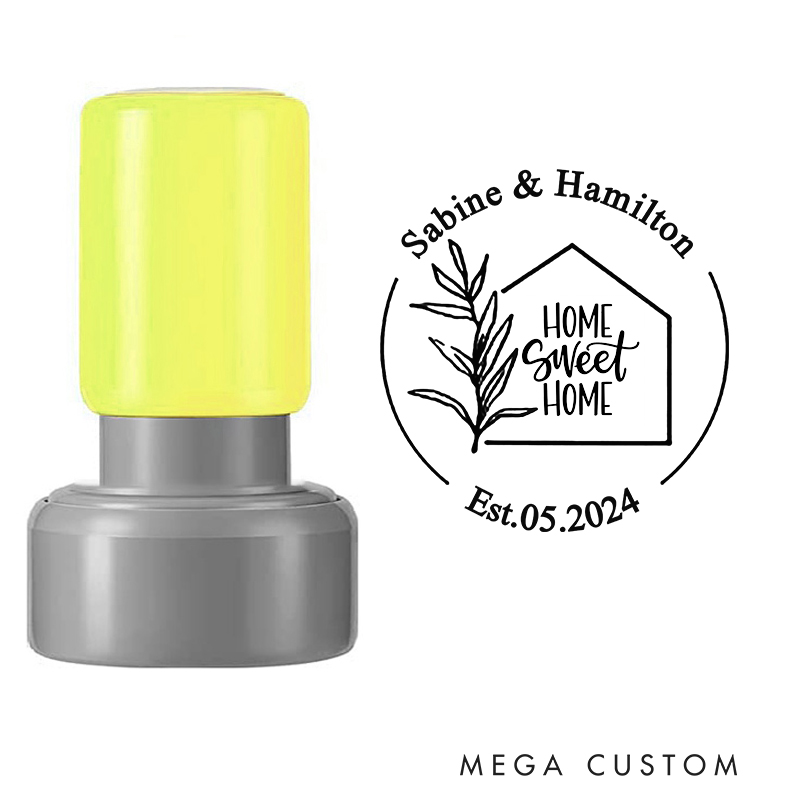 Personalized Round Housewarming Stamp Home Sweet Home Design Custom Names Established Date and Leaf Motif Decorative Stamp for New Homeowner