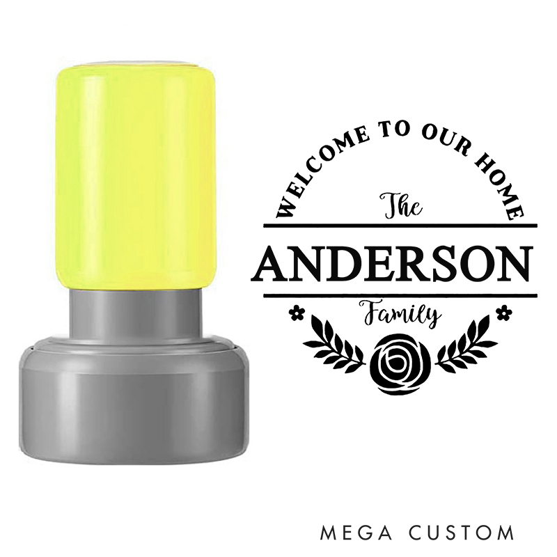 Personalized Round Housewarming Stamp Welcome to Our Home Design Custom Family Name Floral Motif Decorative Stamp for New Homeowners and Keepsakes