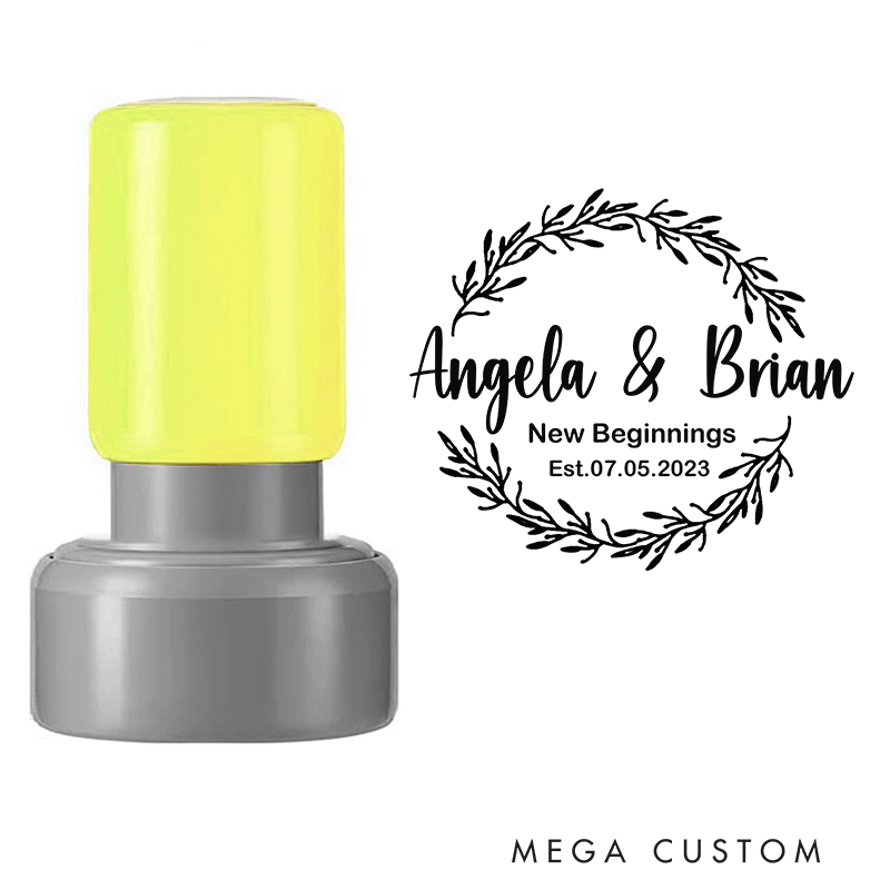 Personalized Round Housewarming Stamp New Beginnings Design Custom Names Established Date Wreath Motif Decorative Stamp for New Homeowners