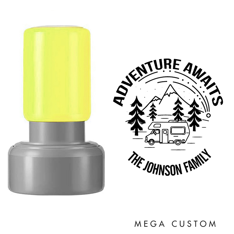 Personalized Stamp Adventure Awaits Design Custom Family Name Camper and Mountain Theme Decorative Stamp for New Homeowners and Gifts