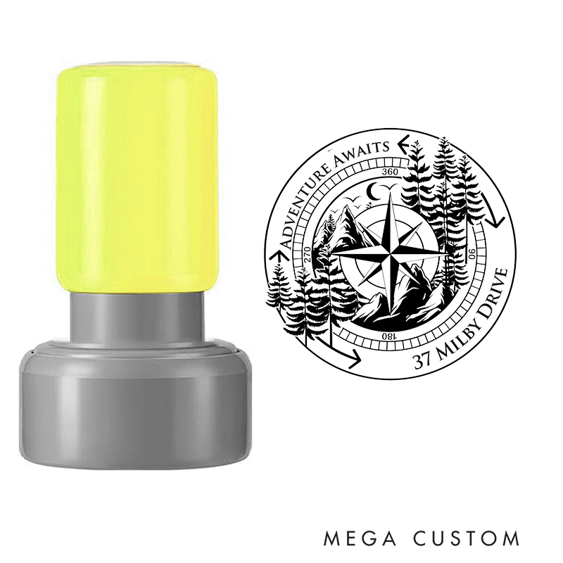 Personalized Stamp Adventure Awaits Compass Design Custom Address Mountain and Forest Theme Decorative Stamp for New Homeowners and Gifts