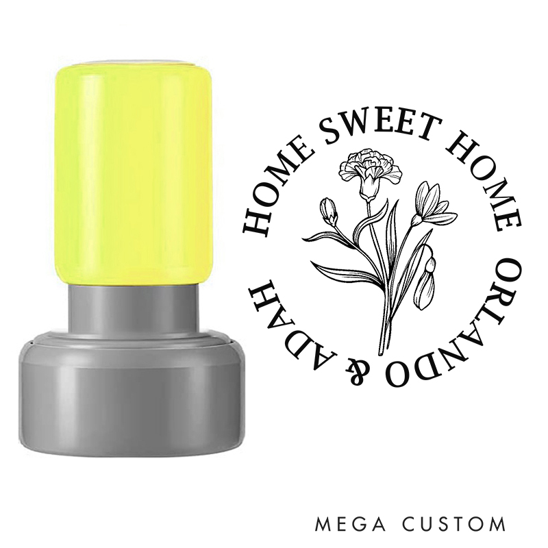 Personalized Round Housewarming Stamp Home Sweet Home Design January Birth Flower Carnation Custom Names Decorative Stamp for New Homeowners and Gift